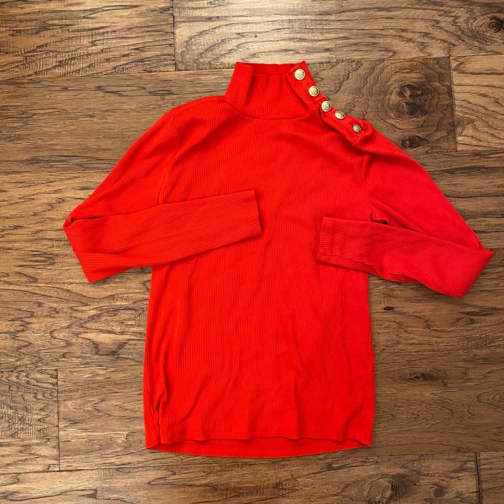 J.Crew Ribbed Turtleneck Women Medium Red Gold Button Shoulder Long Sleeve Top